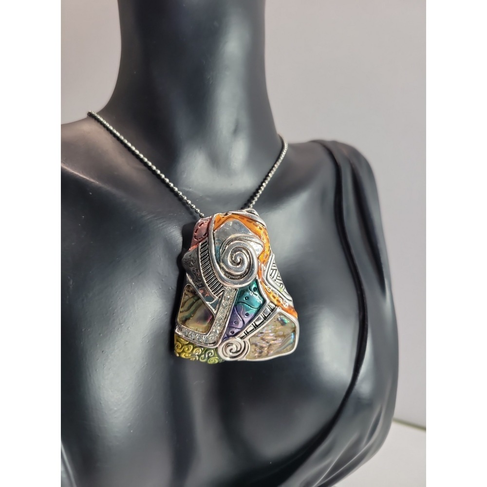 Artisan Abstract Mosaic Pendant Necklace Silver Tone Colorful Inlay Spiral